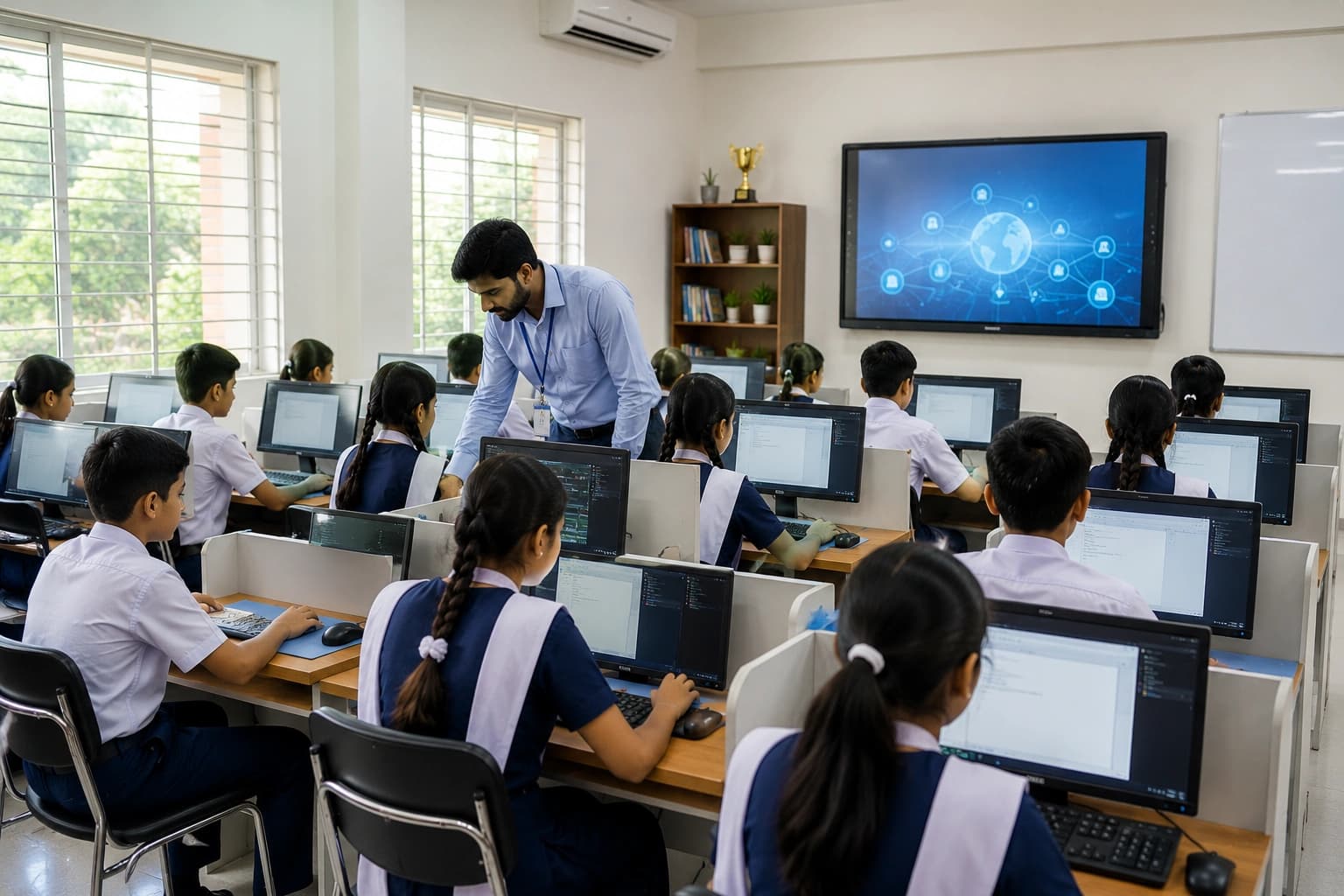 Computer lab with students using desktop computers