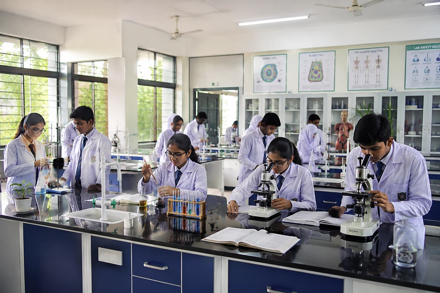 Students working in science laboratory